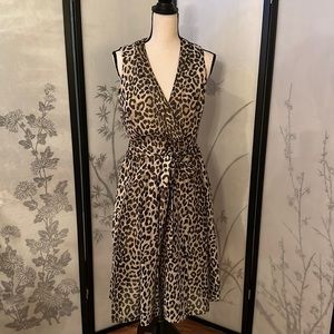 Anne Klein Animal Print Faux Wrap Dress, Tie Belt, Size 10, Tan/Black